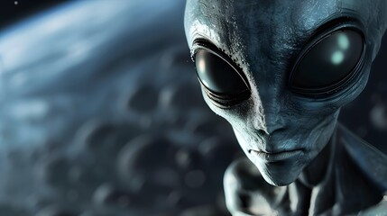 Close-up of a grey alien in a blue space  - obrazy, fototapety, plakaty