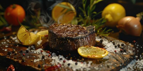A steak is on a wooden cutting board with a lemon and some spices