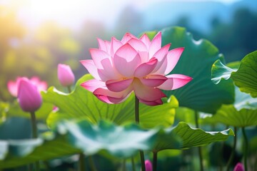 Fototapeta premium A beautiful pink flower is the center of attention in a lush green field