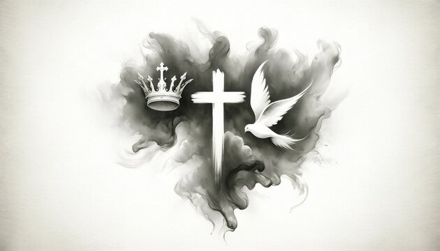 Holy Trinity symbols. Crown, cross and dove silhouettes against cloud of grey smoke on a white background. Christian symbols.