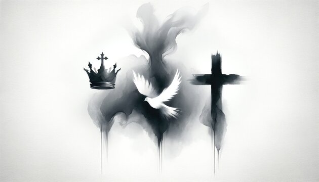 Holy Trinity symbols. Crown, cross and dove silhouettes against cloud of black smoke on a white background. Christian symbols.