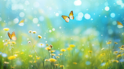 Dandelions and butterflies on a beautiful spring day