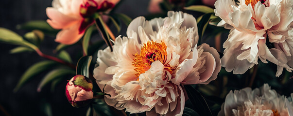 Beautiful peony flowers set against a dark-colored background