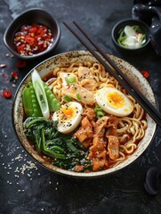A bowl of ramen with meat, egg, and vegetables