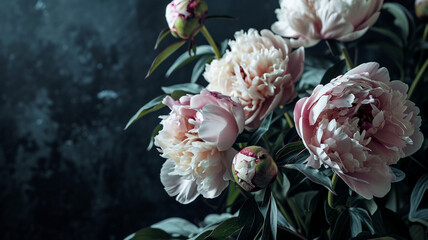 Beautiful peony flowers set against a dark-colored background