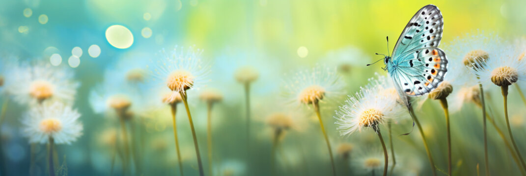Fototapeta Dandelions and butterflies on a beautiful spring day