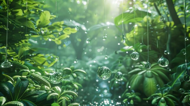 Crystal clear water drop background is green full of vitality and lush plants inside there is a world inside beautiful scenery 3D HD big picture creative design 