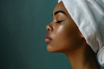 African american woman with closed eyes wearing white hair towel with place for text on dark green background, spa concept. - Powered by Adobe