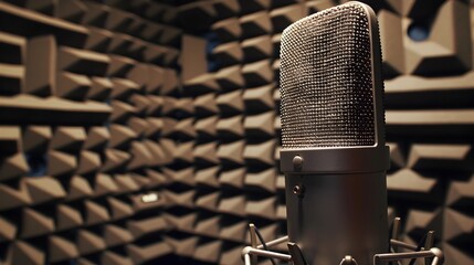 Microphone in Modern Recording Studio Booth with Acoustic Panels for Sound Isolation and Vocal Performance