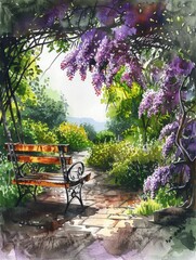 A bench is in a garden with purple flowers