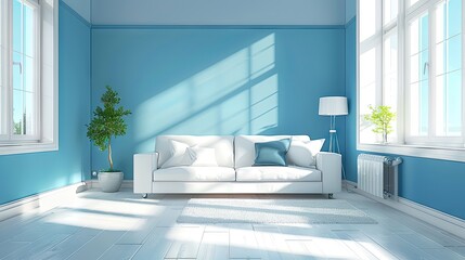 fotografia realista del interior de una vivienda con diseÃ±o mininalista, paredes de color azul claro y blanco 