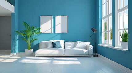 fotografia realista del interior de una vivienda con diseÃ±o mininalista, paredes de color azul claro y blanco  