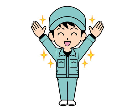喜んでいる作業員の男性