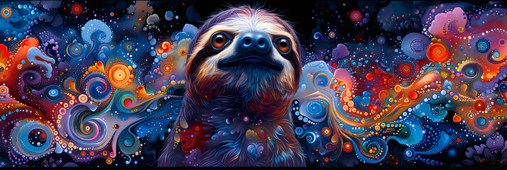 Psychedelic Encounter   Close-up of a sloth with,
A sloth is sitting on a colorful plant 