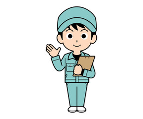 バインダーを持って案内する作業員の男性