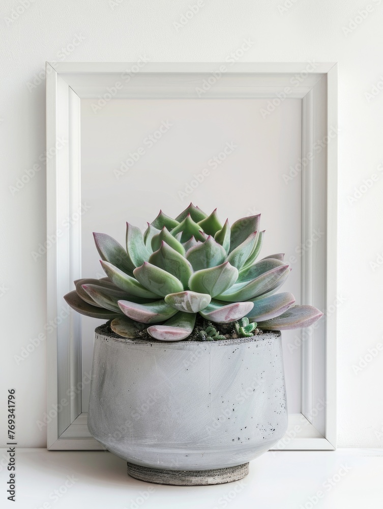 Wall mural A small plant in a grey pot sits in front of a white frame