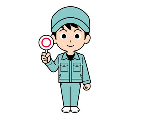 丸の札を持つ作業員の男性