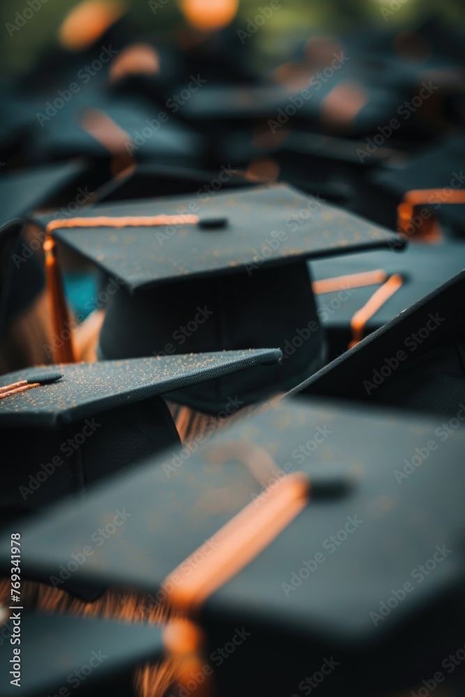 Wall mural A pile of black graduation caps with gold trim