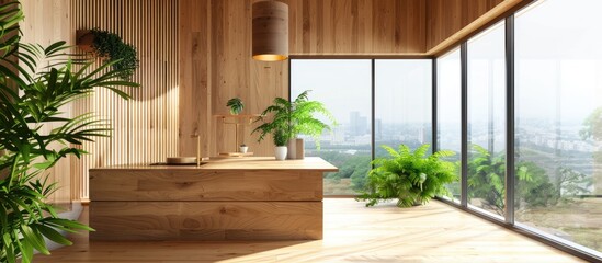 Modern wooden kitchen studio interior with green plant and view of the city.  - Powered by Adobe