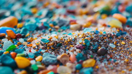 Microplastic mixed with sand by the ocean. Macro photo of sand with plastic