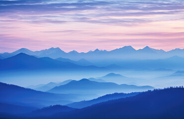 Blue mountains landscape abstract background. Morning wood panorama, pine trees and mountains silhouettes.