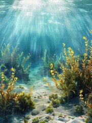Fototapeta na wymiar A beautiful underwater scene with a lot of green plants and a sandy bottom