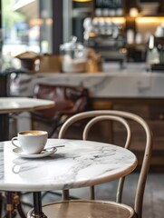 A white coffee cup sits on a table in a cafe
