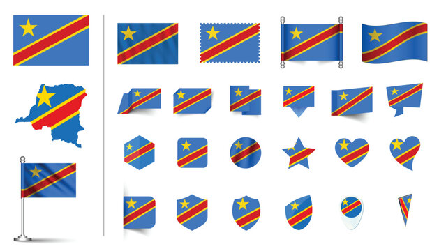 set of Democratic Republic of the Congo flag, flat Icon set vector illustration. collection of national symbols on various objects and state signs. flag button, waving, 3d rendering symbols