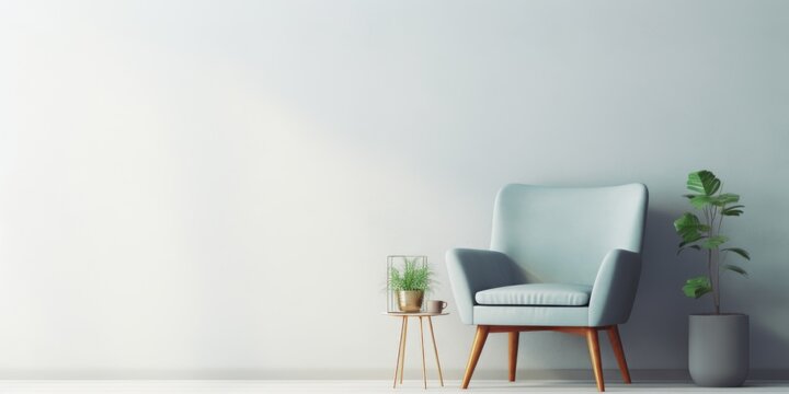 A blue chair sits in front of a white wall