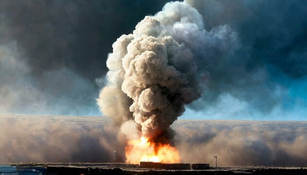 300 km satellite view, 25 km hyperrealistic high detailed smoke burning column forming an semi transparent ethereal skull's shaped atomic explosion, 100 km dust shockwave, post apocalyptic futuristic​