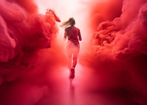 Actress with red theater light, red smoke, red effect created with theatrical lighting equipment and a smoke machine. Generative AI.