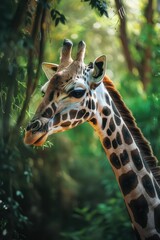 Naklejka premium A giraffe is standing in a forest with its head turned to the side