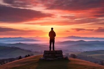 Hiker with backpack standing on top of the mountain and looking at the sunrise