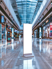 A white sign stands in a large, empty shopping mall
