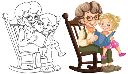 Colorful and line art of grandma reading to child