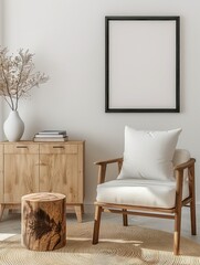 A white chair sits in front of a wooden cabinet