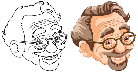Colorful and line art portraits of a happy senior man
