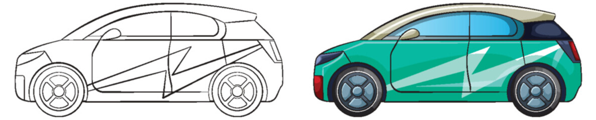 Vector illustration of a car, from outline to colored design.