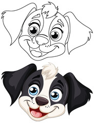 Cartoon puppy faces in sketch and color versions.