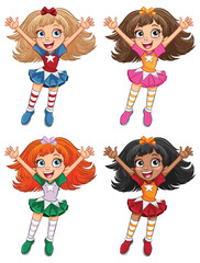 Four happy animated girls jumping with excitement.