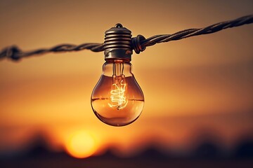 Vintage light bulb hanging on the rope with sunset sky background. - obrazy, fototapety, plakaty