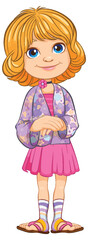 Cartoon illustration of a smiling young girl standing.