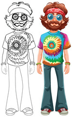 Colorful hippie with tie-dye shirt and headband.