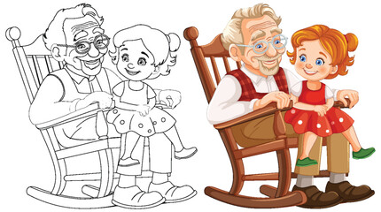 Colorful and line art of grandparent with child
