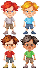 Four cartoon boys with angry facial expressions.