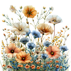 Beautiful floral set with watercolor hand drawn summer wild field flowers. Stock illustration. 