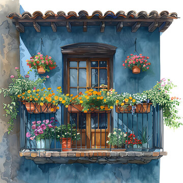 Flower shophouse balcony . Watercolor hand painted illustration