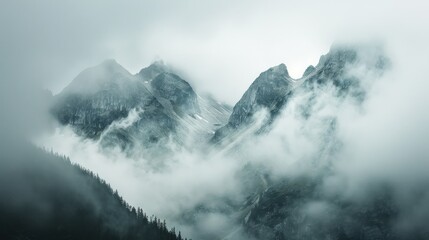 Ethereal Mountains Shrouded in Mist Ethereal and jagged mountain peaks emerge from a dense, misty veil, offering a sense of mystery and the sublime in nature. - obrazy, fototapety, plakaty