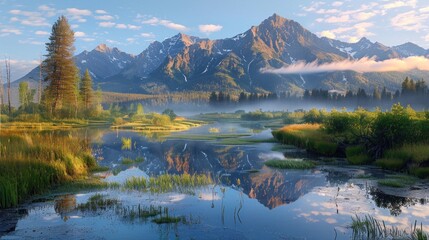 Mountain Reflections on a Misty Morning Lake Calm waters of a mountain lake reflect the peaks and forest under a misty morning sky, conveying peace and solitude.