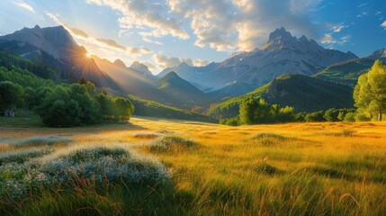 Sunburst over Alpine Meadow and Mountain Peaks The sun's rays burst over an alpine meadow, illuminating the mountain peaks and casting a warm glow on the landscape. - obrazy, fototapety, plakaty